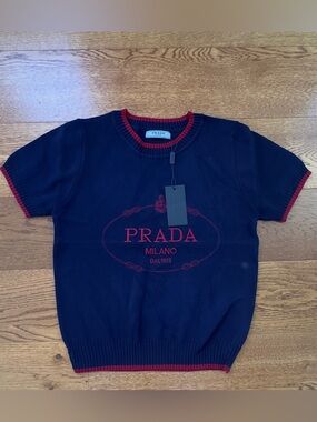 Prada Navy Top with Red Logo Trim